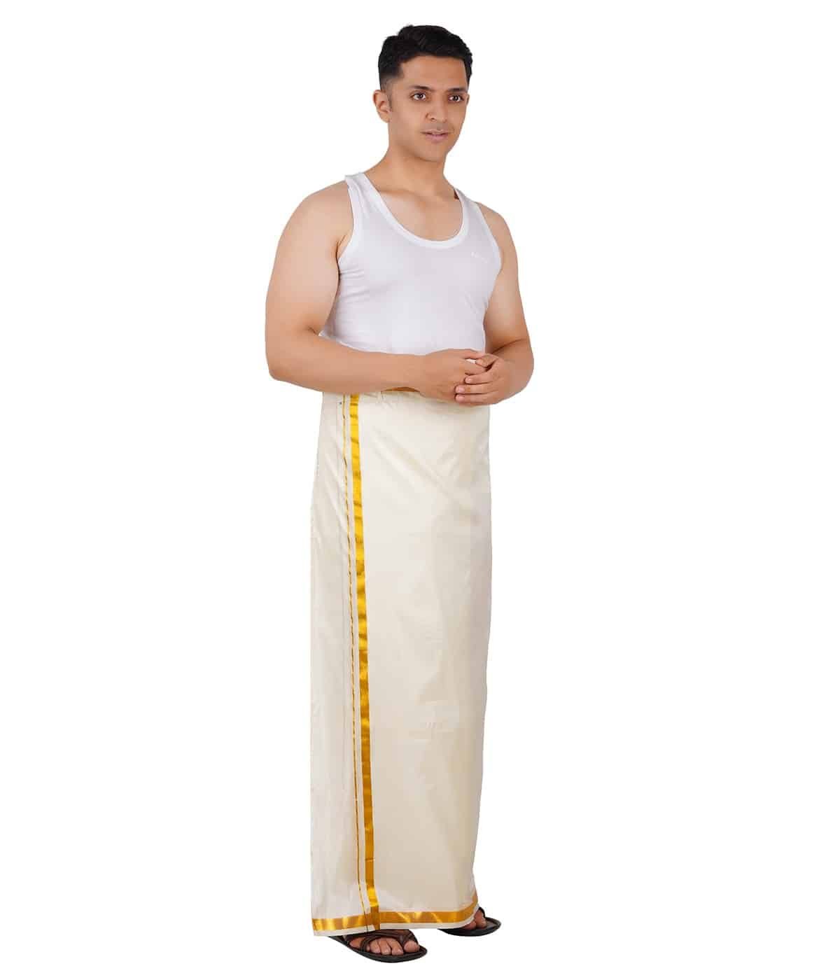 001 Golden Jari Readymade Velkaro Pocket Dhoti - Image 1