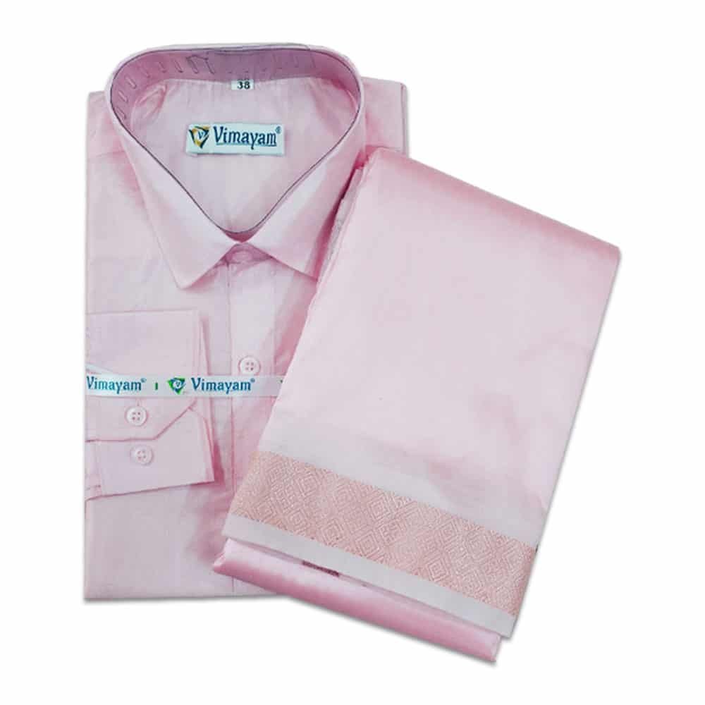 ONION-PINK-COPPER Onion Pink Color with Copper Border Dhoti towel & Shirt 3 in 1 - Image 1