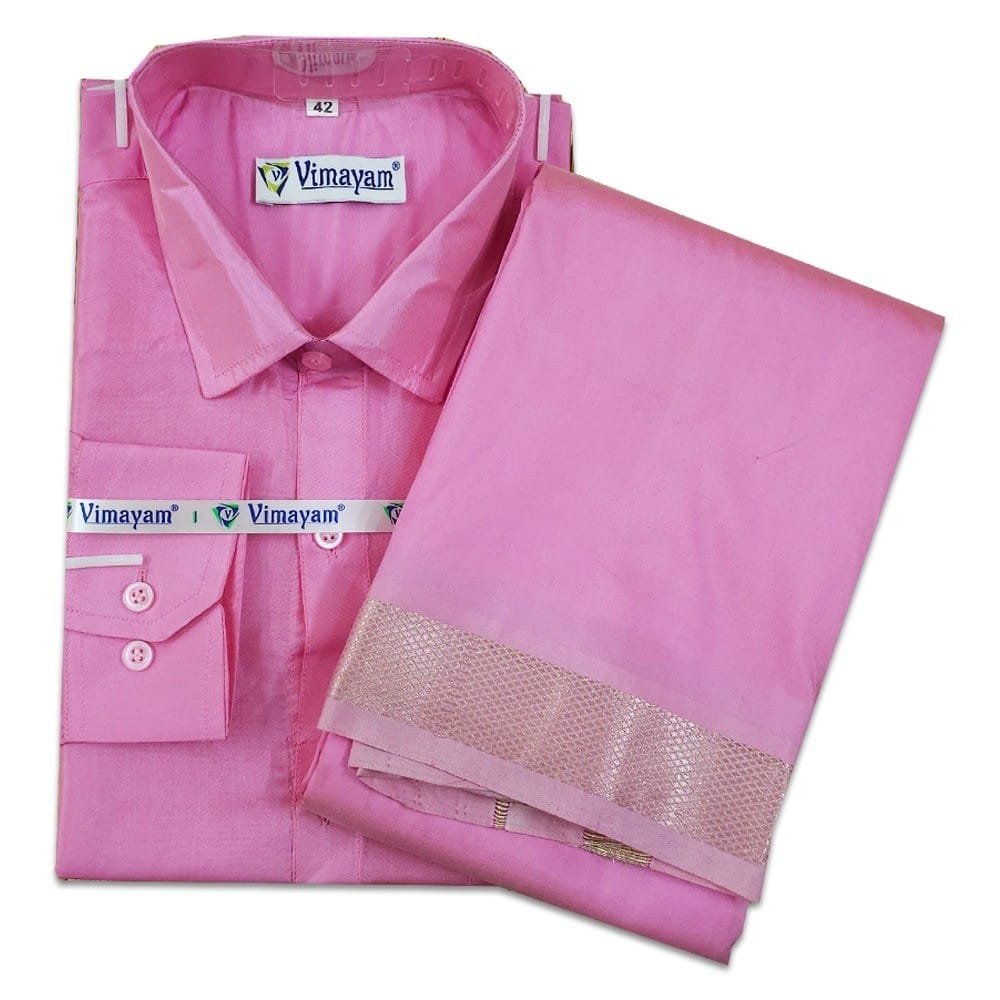 PINK COPPER Pink Color with Copper Border Dhoti towel & Shirt 3 in 1 - Image 1