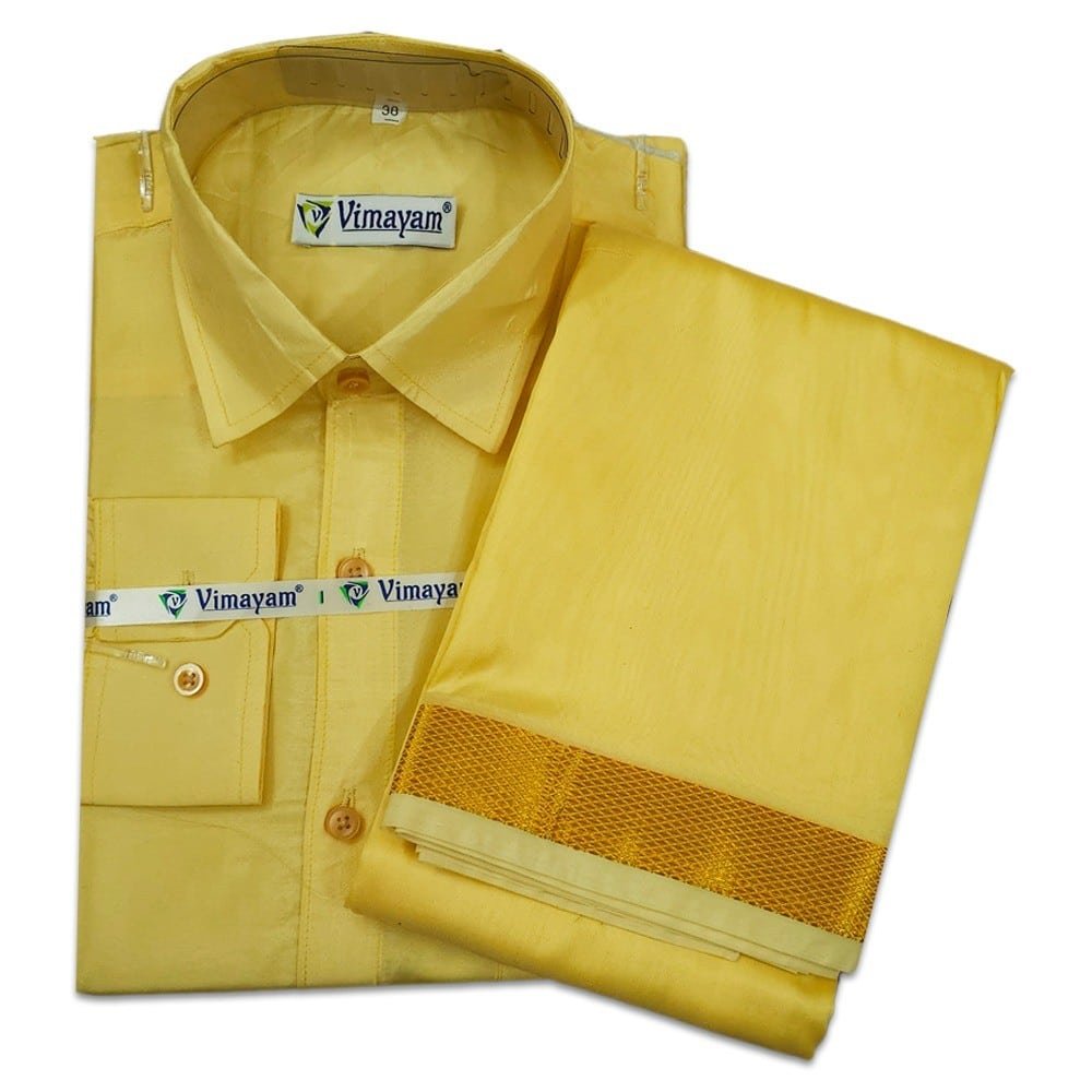 YELLOW GOLD Yellow Color with Golden Border Dhoti towel & Shirt 3 in 1 - Image 1