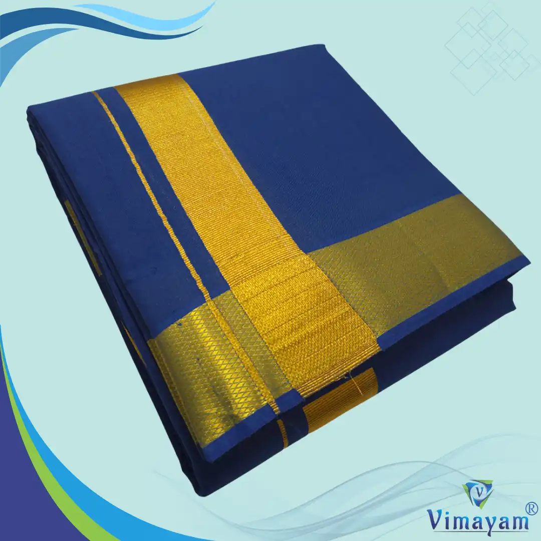 16 Blue Color Dhoti with Golden Zari Border - Image 1