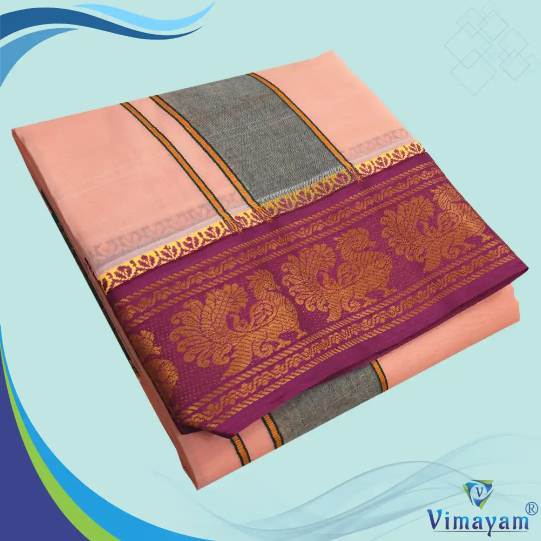 38 Peach Color Premium Cotton 5 Inch Designed Border Dhoti - Image 1