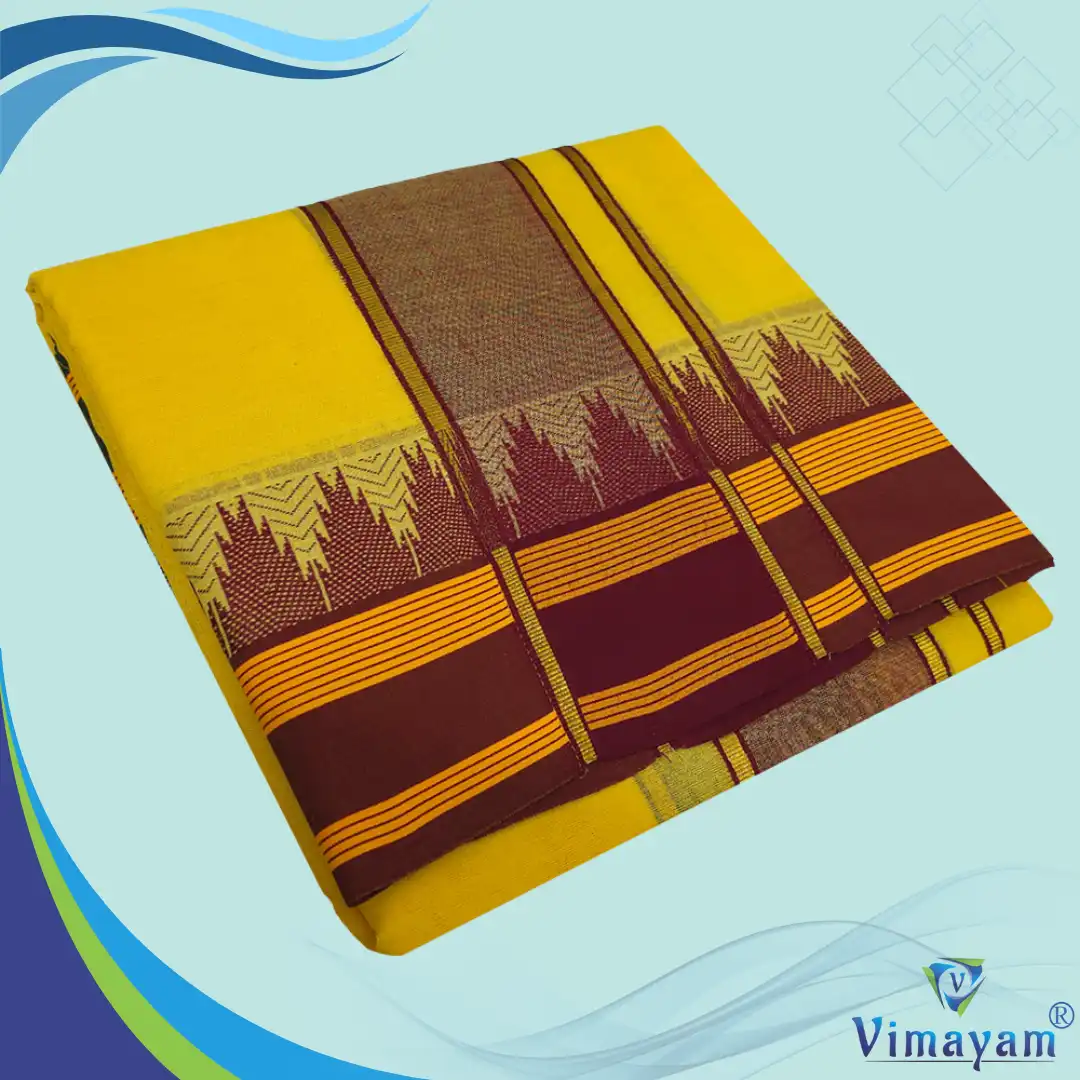 Bavanji Seer Yellow Temple Border Yellow Premium Quality Assorted Border Dhoti 9X5 - Image 1
