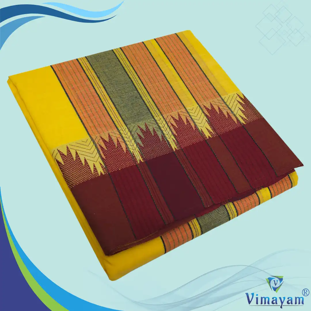 Bavanji Yellow Temple Border Yellow Premium Quality Assorted Border Dhoti 9X5 - Image 1