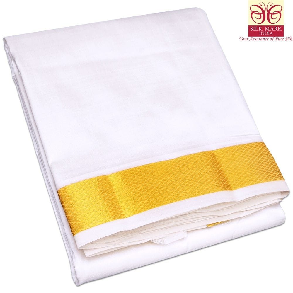 2-Inch-White Pure Silk White Cream Color Dhoti 2 Inch Golden Zari - Image 1