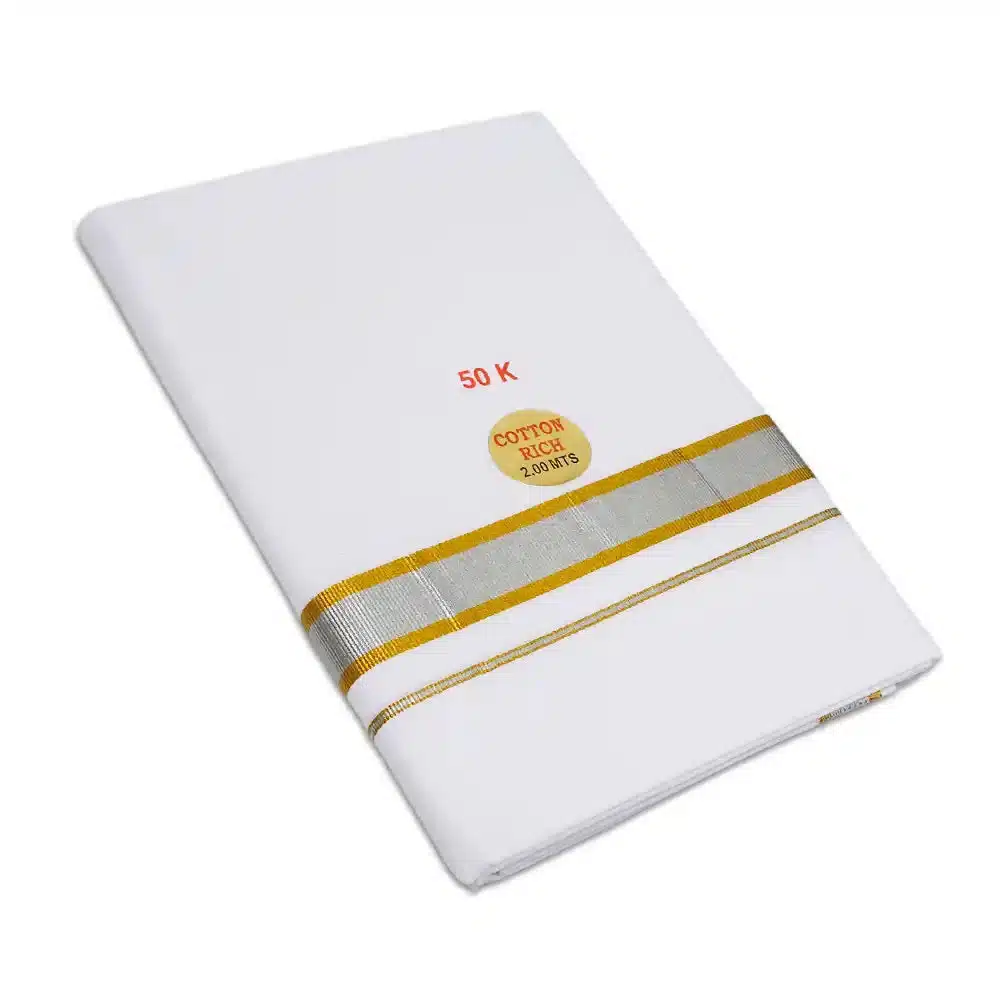 50KSILVERGOLD White Color Dhoti with Silver Gold Border Dhoti/Lungi - Image 1