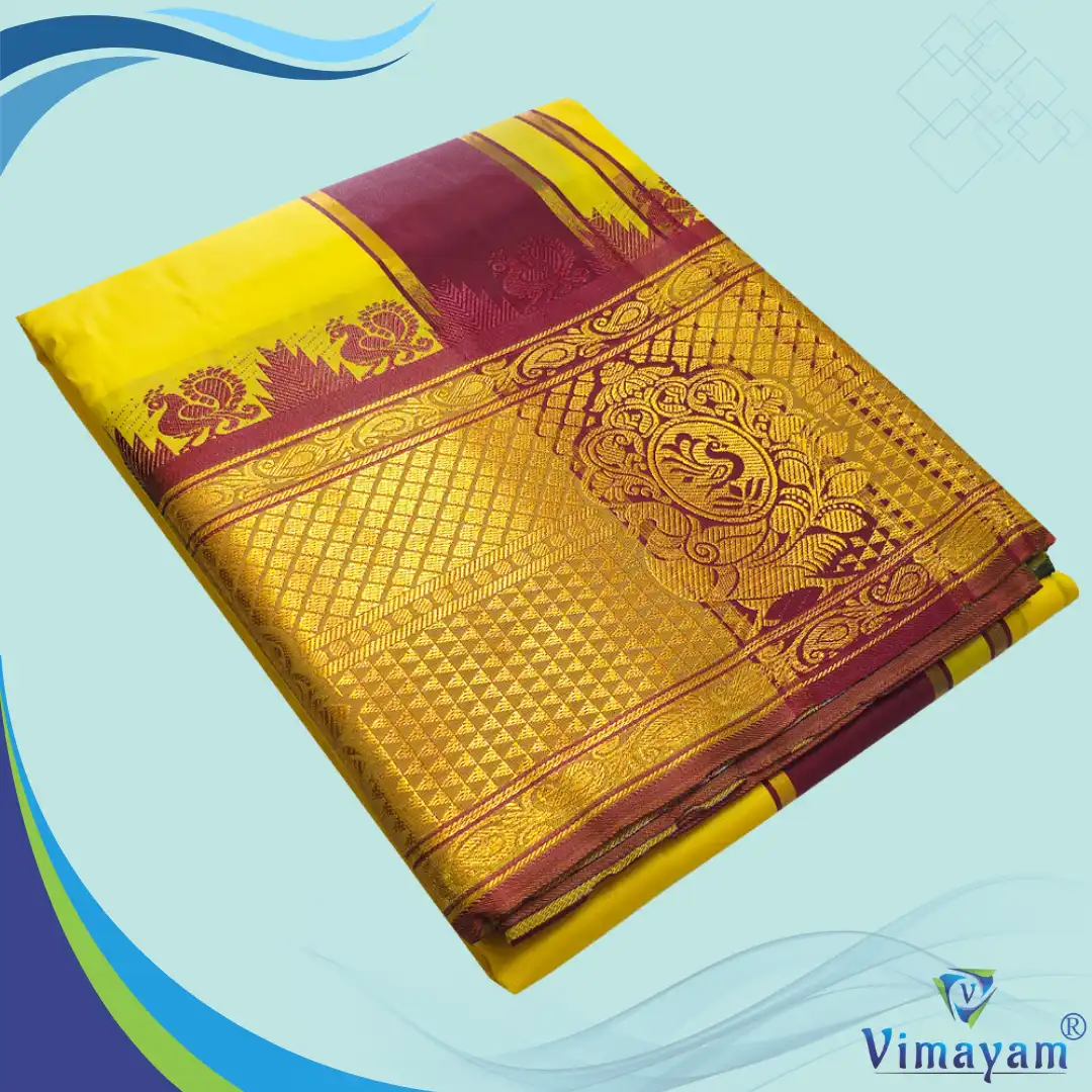 Big Karishma Yellow Yellow Colour Soft Silk 9 Inch Border(Assorted Border designs) - Image 1