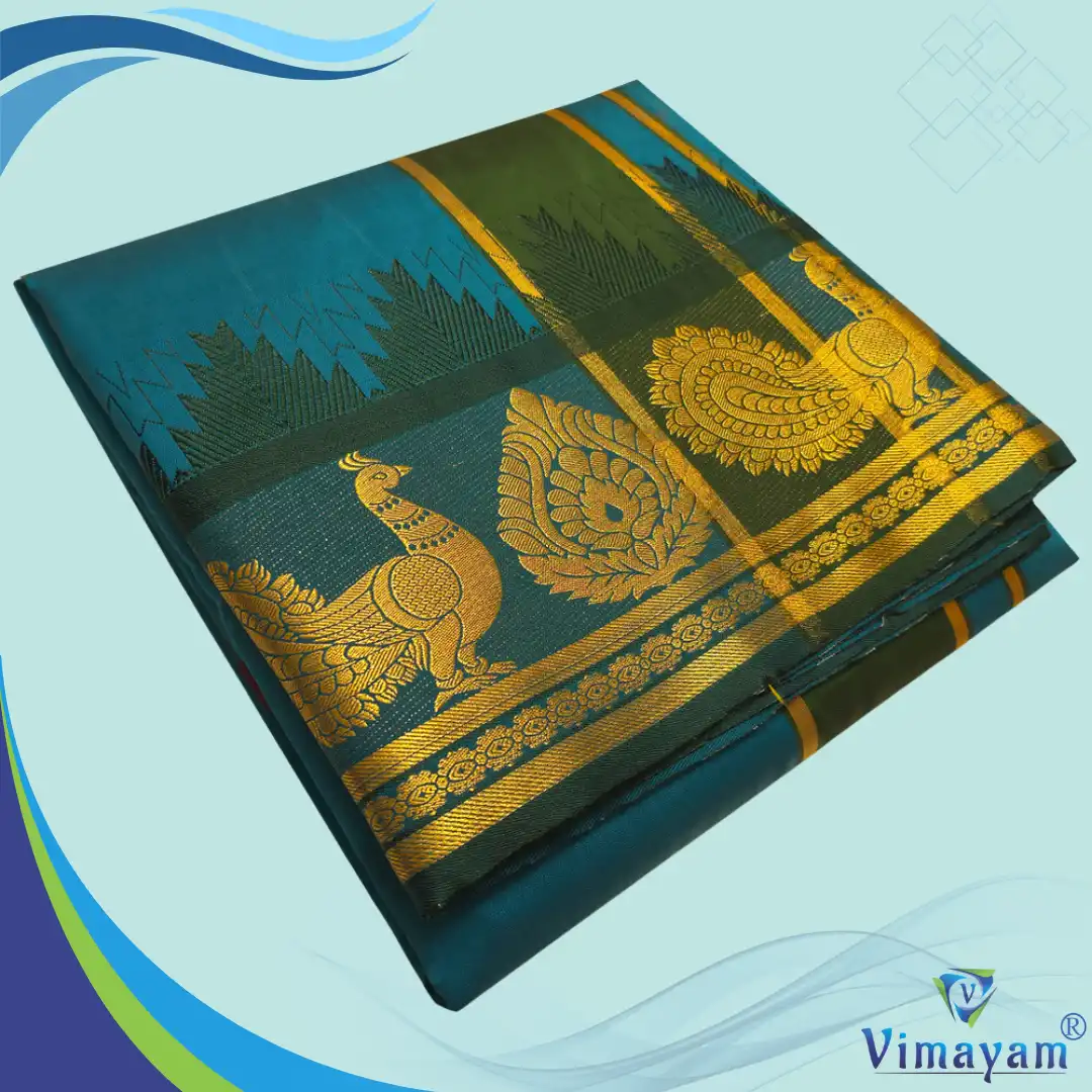 7 SHOT KARISHMA PEACOCK Sumathi Green Soft Silk Premium Quality Dhoti Towel 9X5 - Image 1