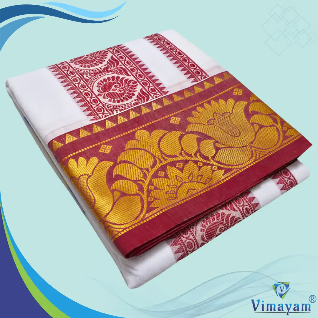 Embose White Design5 Lotus Designed Embose white Premium Quality Cotton Dhoti 9X5 - Image 1