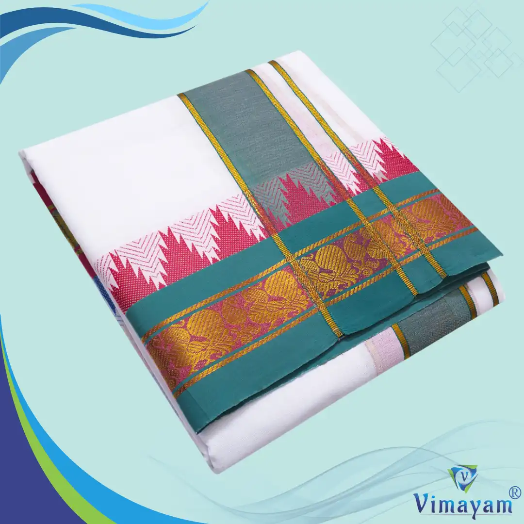 5 Inch Jaquad Tower Design1 Temple Border White Premium Quality Dhoti 9X5 - Image 1