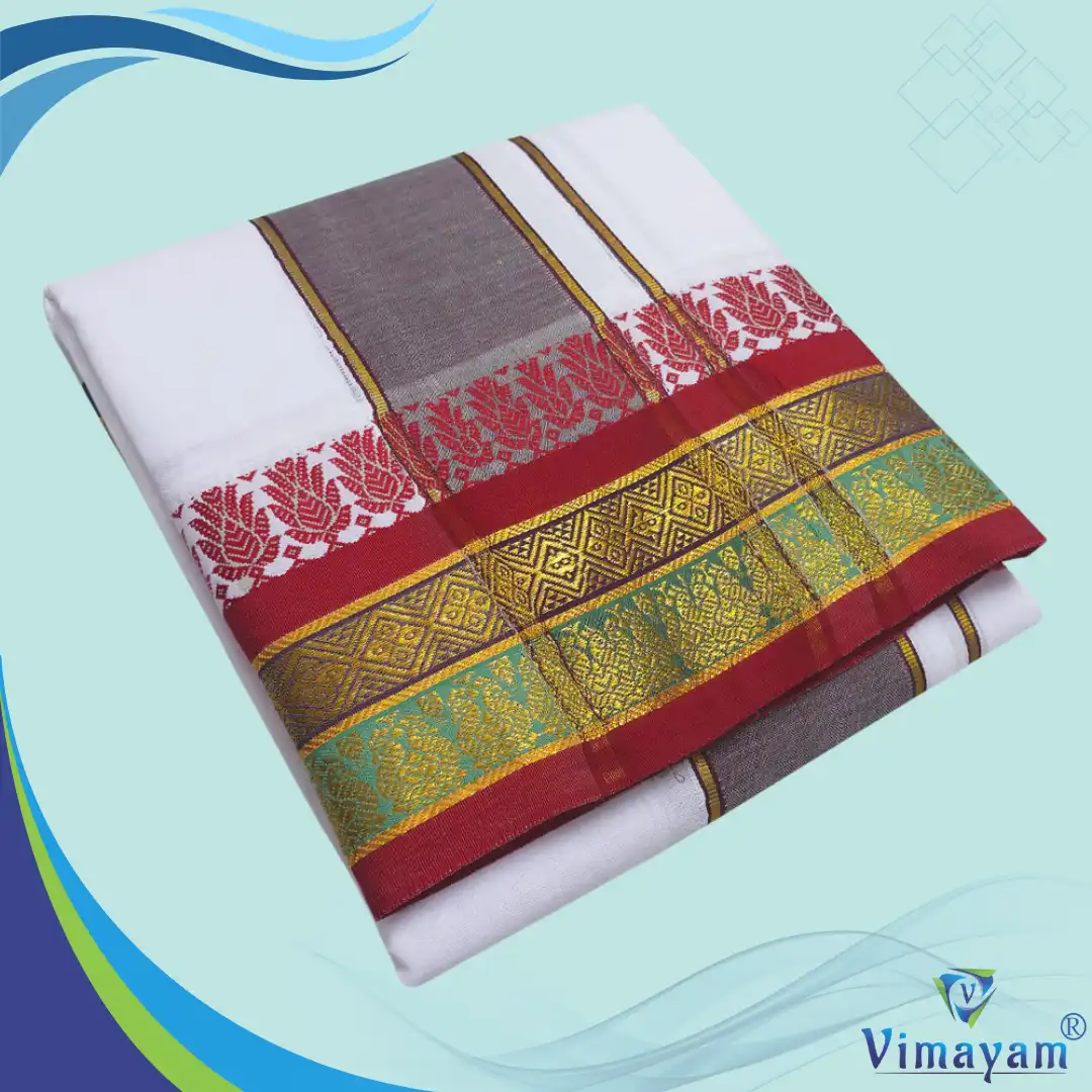 7 Shot White Design3 Temple Border White Premium Quality Dhoti 9X5 - Image 1