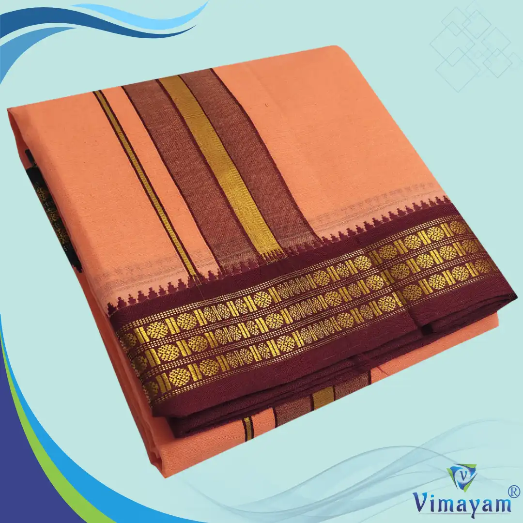 22 Peach Color Dhoti with Udraj/Coin Border Dhoti - Image 1