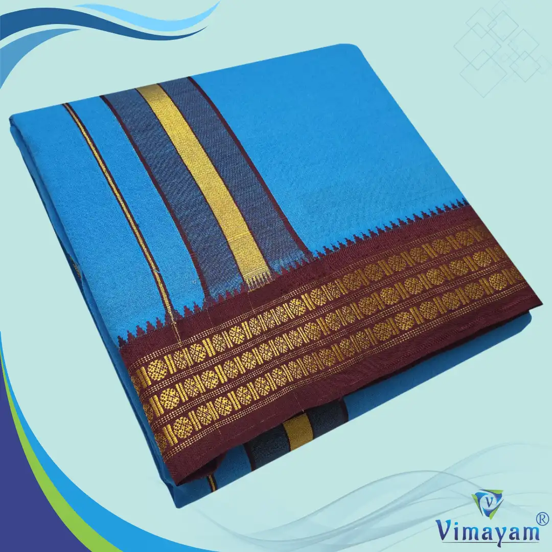 40 Anandha Blue Color Dhoti with Udraj/Coin Border Dhoti - Image 1