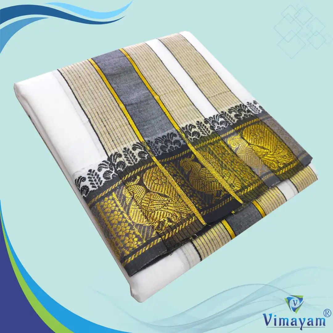Black Jaquad White Double Colour Temple Border Premium Quality Cotton Dhoti - Image 1