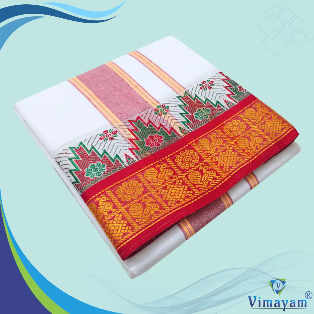 Design2 Peacock Flower Designed multicolour temple border dhoti - Image 1