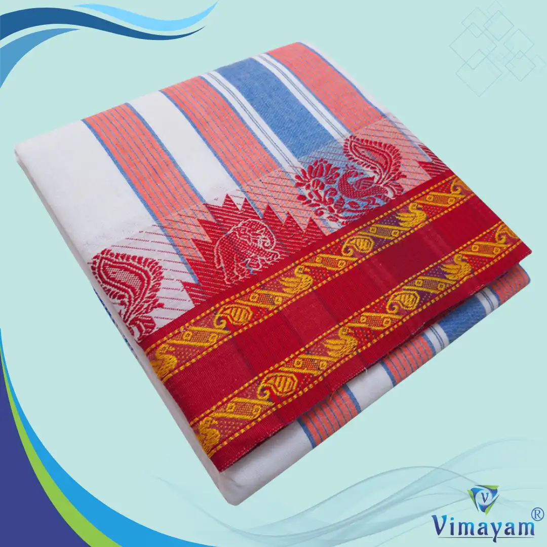 6 inch km Design2 Tower Peacock Fancy Border Vaishnava Dhoti 9X5 - Image 1