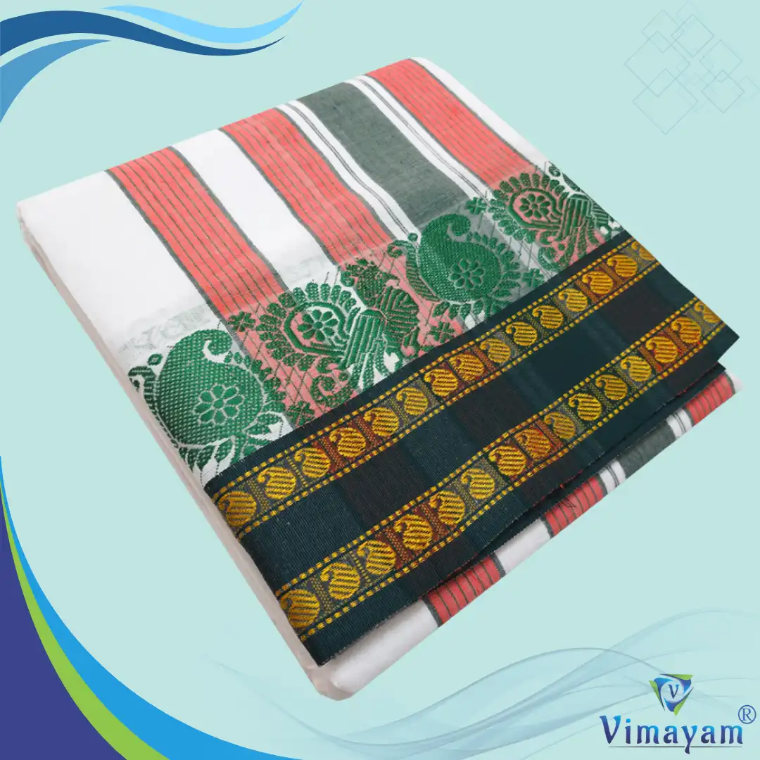 6 inch km Design4 Peacock Tower Border Vaishnava Dhoti 9X5 - Image 1