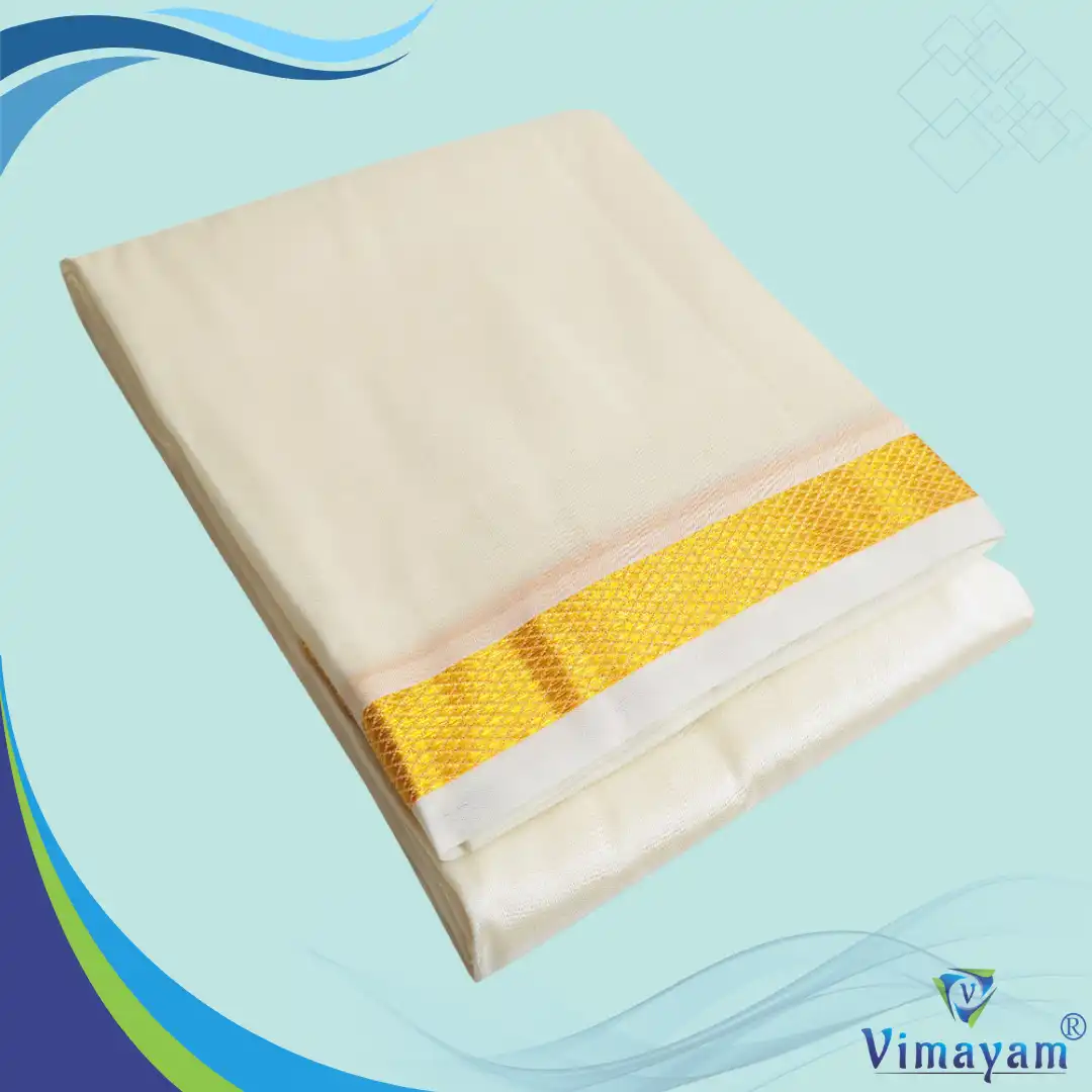50K ASHA CREAM 1 inch golden zari premium quality art silk dhoti - Image 1