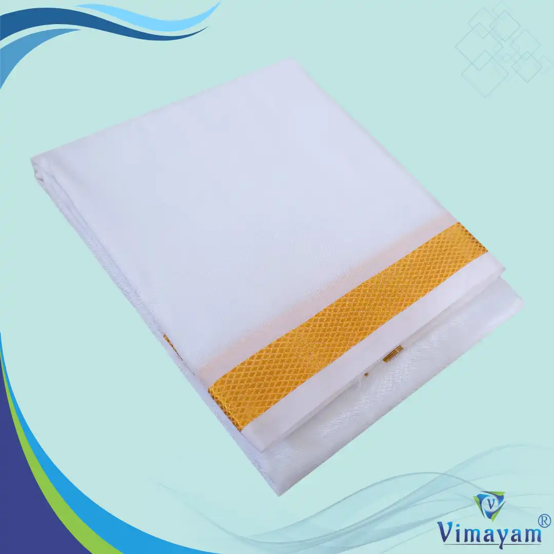 50K WHITE ASHA 1 inch golden zari premium quality art silk white dhoti - Image 1